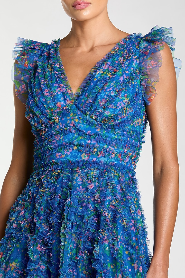 Blue Polyester Floral Printed Ruffle Party Wear Dress by Mac Duggal at Pernia's Pop Up Shop