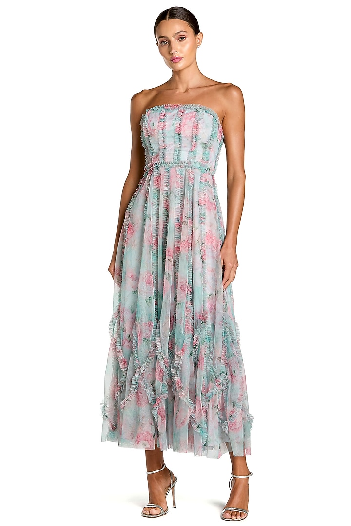 Blue Polyester Floral Printed Ruffle Cocktail Dress by Mac Duggal at Pernia's Pop Up Shop