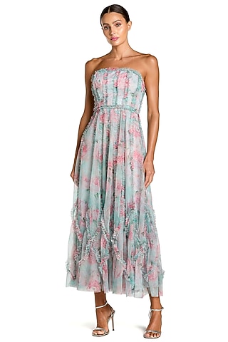 Blue Polyester Floral Printed Ruffle Dress by Mac Duggal