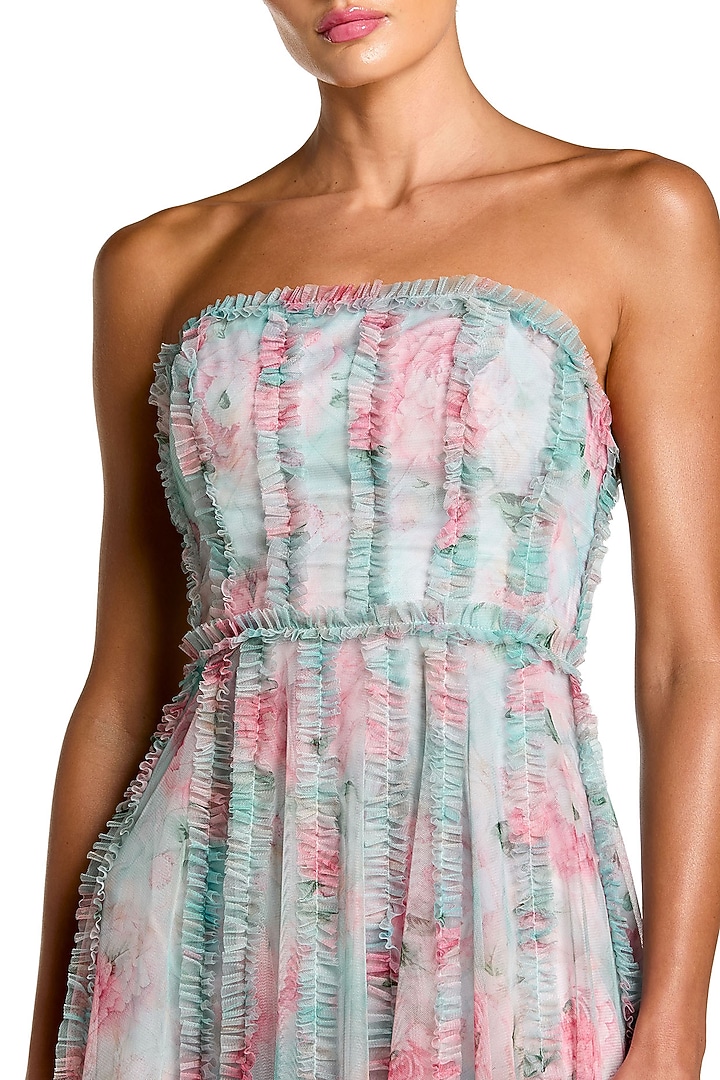 Blue Polyester Floral Printed Ruffle Cocktail Dress by Mac Duggal at Pernia's Pop Up Shop