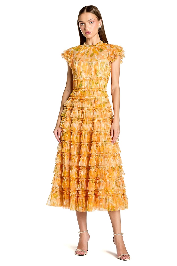 Yellow Polyester Floral Printed Ruffle Cocktail Dress by Mac Duggal at Pernia's Pop Up Shop