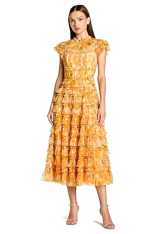 Yellow Polyester Floral Printed Ruffle Dress by Mac Duggal