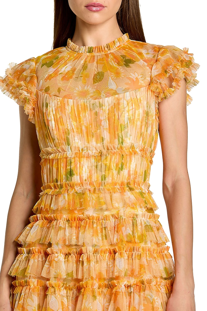 Yellow Polyester Floral Printed Ruffle Cocktail Dress by Mac Duggal at Pernia's Pop Up Shop