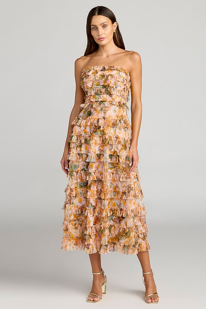 Gold Polyester Floral Printed Sleeveless Cocktail Dress by Mac Duggal at Pernia's Pop Up Shop