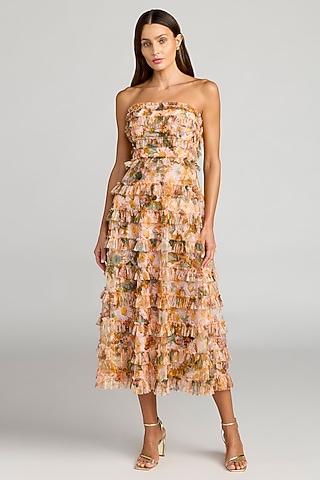 Gold Polyester Floral Printed Sleeveless Dress by Mac Duggal