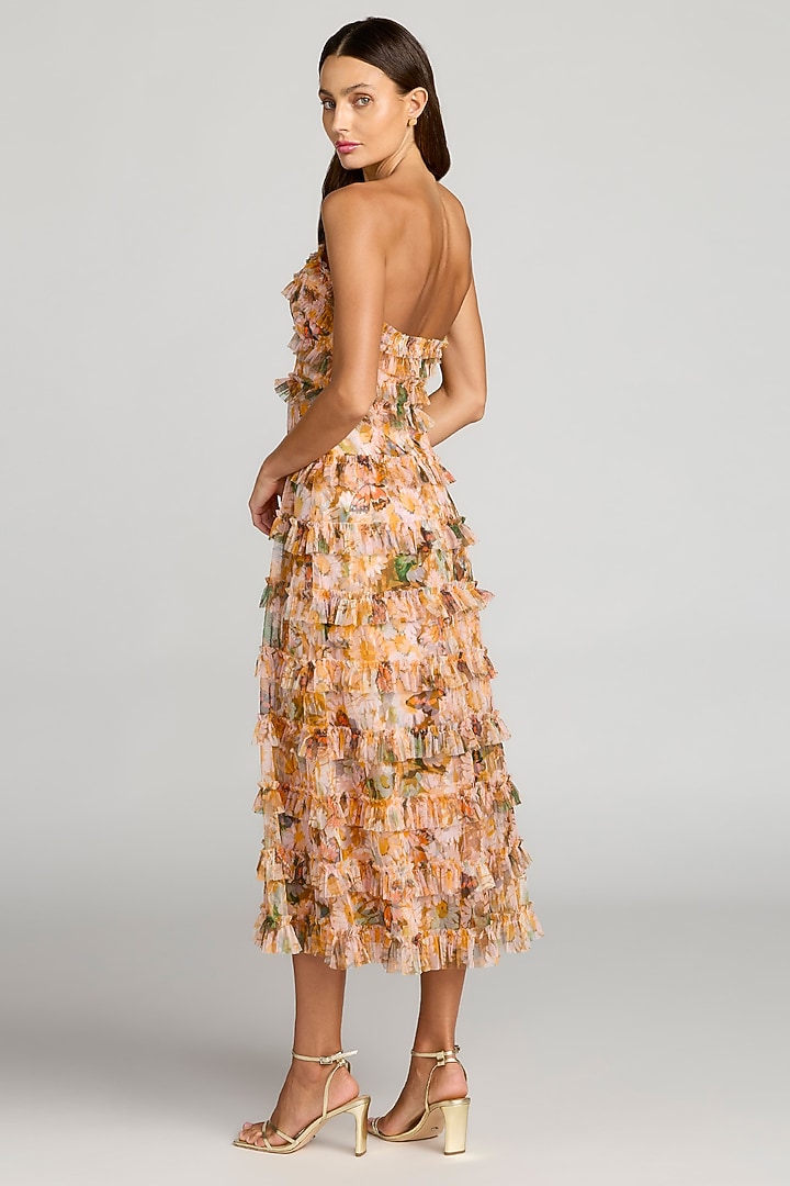 Gold Polyester Floral Printed Sleeveless Cocktail Dress by Mac Duggal at Pernia's Pop Up Shop