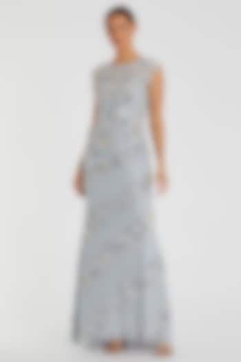 Powder Blue Polyester Sequins Floral Embellished Engagement Gown by Mac Duggal at Pernia's Pop Up Shop