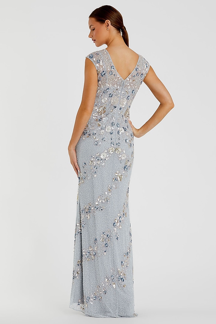 Powder Blue Polyester Sequins Floral Embellished Engagement Gown by Mac Duggal at Pernia's Pop Up Shop