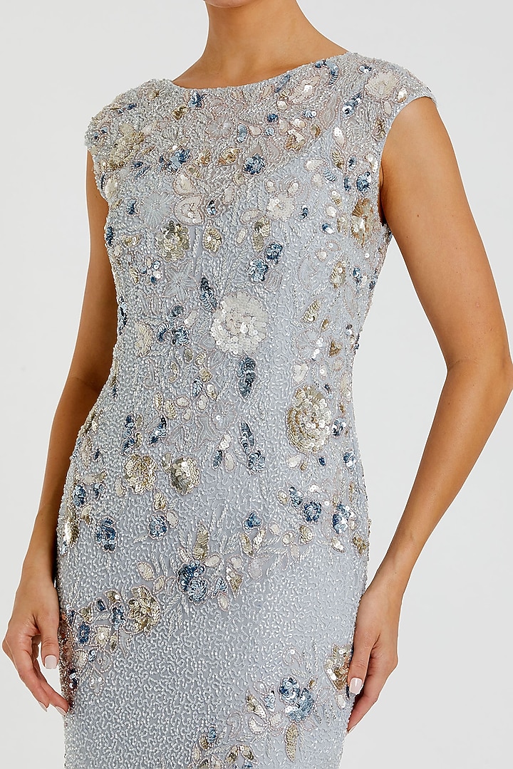 Powder Blue Polyester Sequins Floral Embellished Engagement Gown by Mac Duggal at Pernia's Pop Up Shop