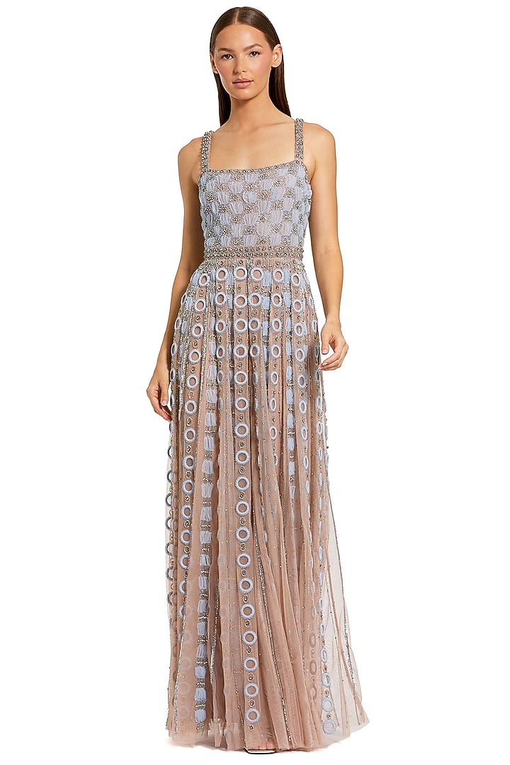 Powder Blue Mesh Embellished Bridal Gown by Mac Duggal at Pernia's Pop Up Shop