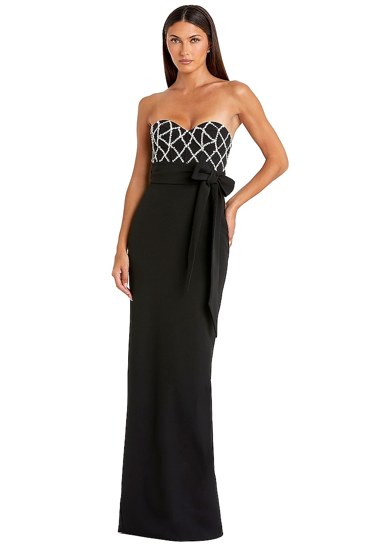 Black Crepe Rhinestone Embellished Strapless Engagement Gown by Mac Duggal at Pernia's Pop Up Shop