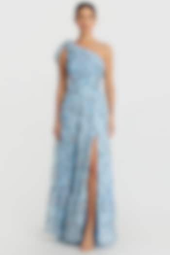 Aqua Blue Chiffon Floral Printed One-Shoulder Engagement Gown by Mac Duggal at Pernia's Pop Up Shop
