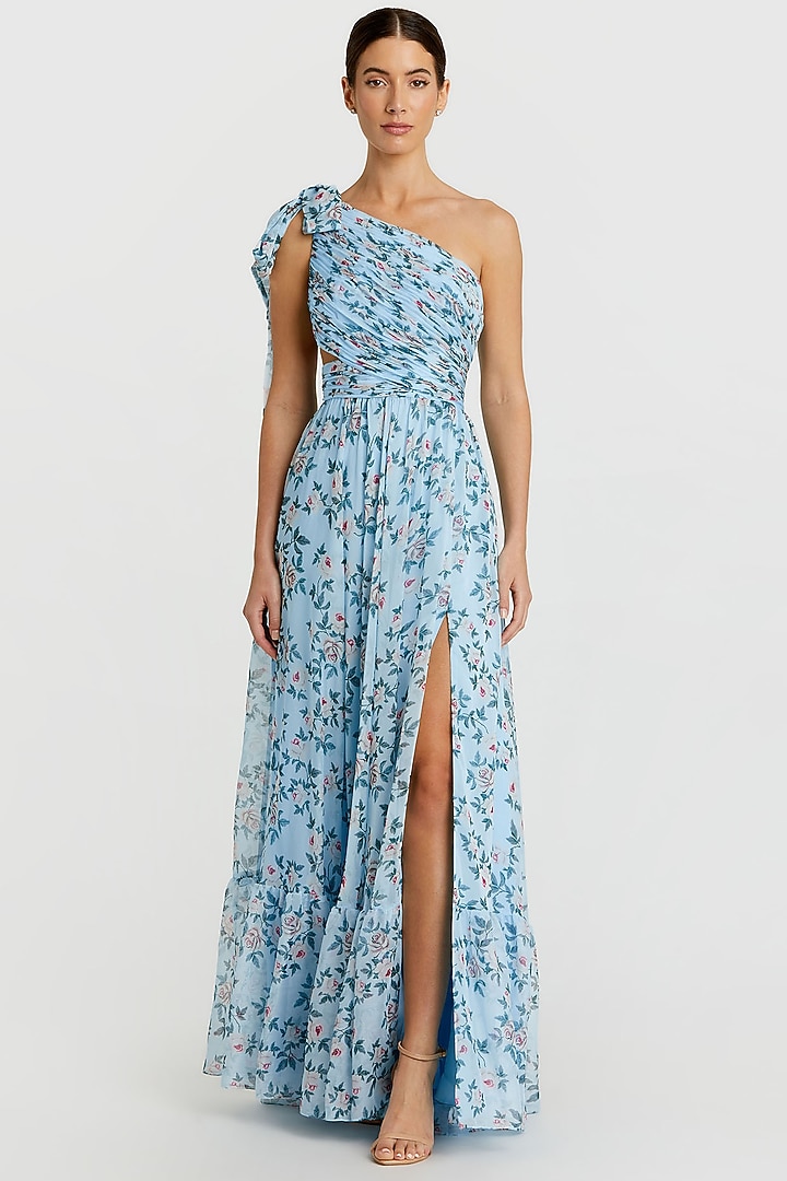 Aqua Blue Chiffon Floral Printed One-Shoulder Engagement Gown by Mac Duggal at Pernia's Pop Up Shop
