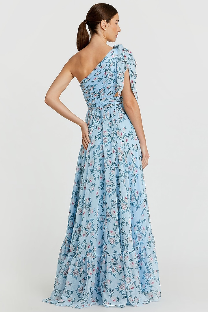 Aqua Blue Chiffon Floral Printed One-Shoulder Engagement Gown by Mac Duggal at Pernia's Pop Up Shop