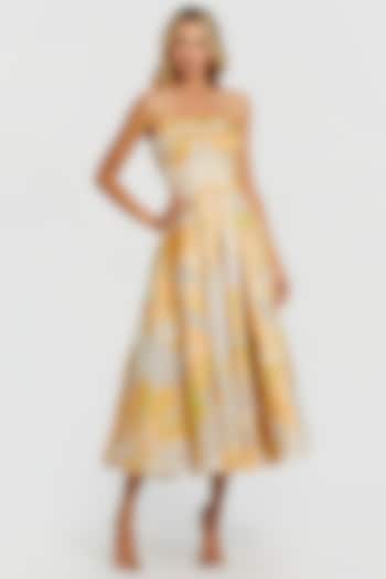 Beige & Orange Brocade Floral Printed Midi Cocktail Dress by Mac Duggal at Pernia's Pop Up Shop