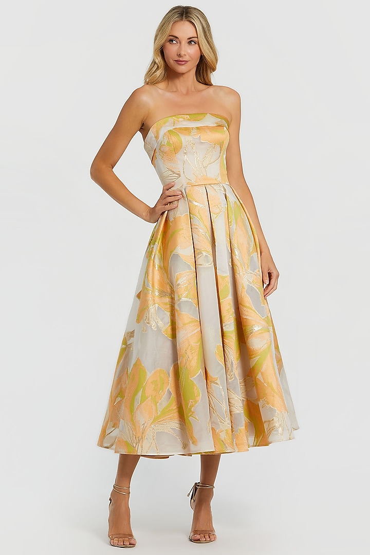 Beige & Orange Brocade Floral Printed Midi Cocktail Dress by Mac Duggal at Pernia's Pop Up Shop