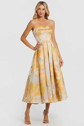 Beige & Orange Brocade Floral Printed Midi Dress by Mac Duggal