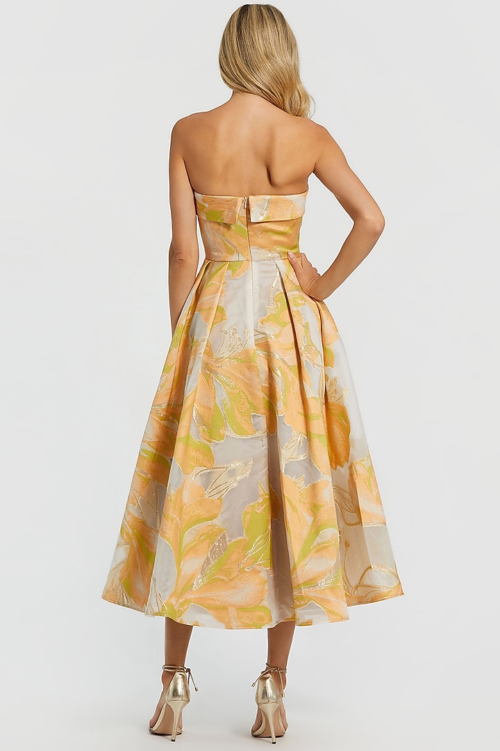 Beige & Orange Brocade Floral Printed Midi Cocktail Dress by Mac Duggal at Pernia's Pop Up Shop