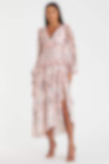 Blush Pink Chiffon Floral Printed Midi Cocktail Dress by Mac Duggal at Pernia's Pop Up Shop