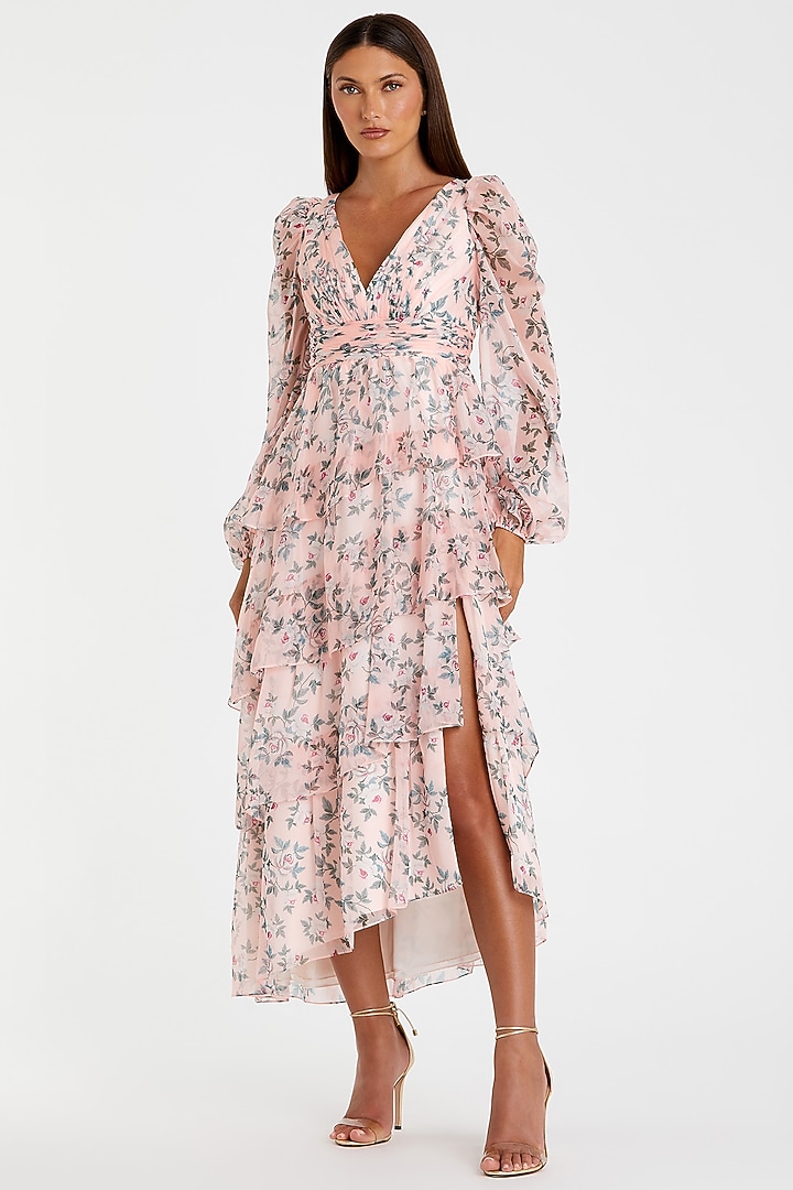 Blush Pink Chiffon Floral Printed Midi Cocktail Dress by Mac Duggal at Pernia's Pop Up Shop