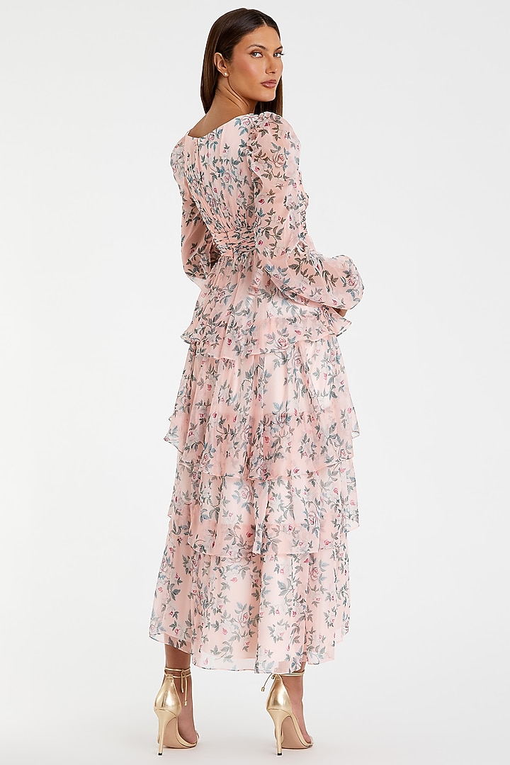 Blush Pink Chiffon Floral Printed Midi Cocktail Dress by Mac Duggal at Pernia's Pop Up Shop
