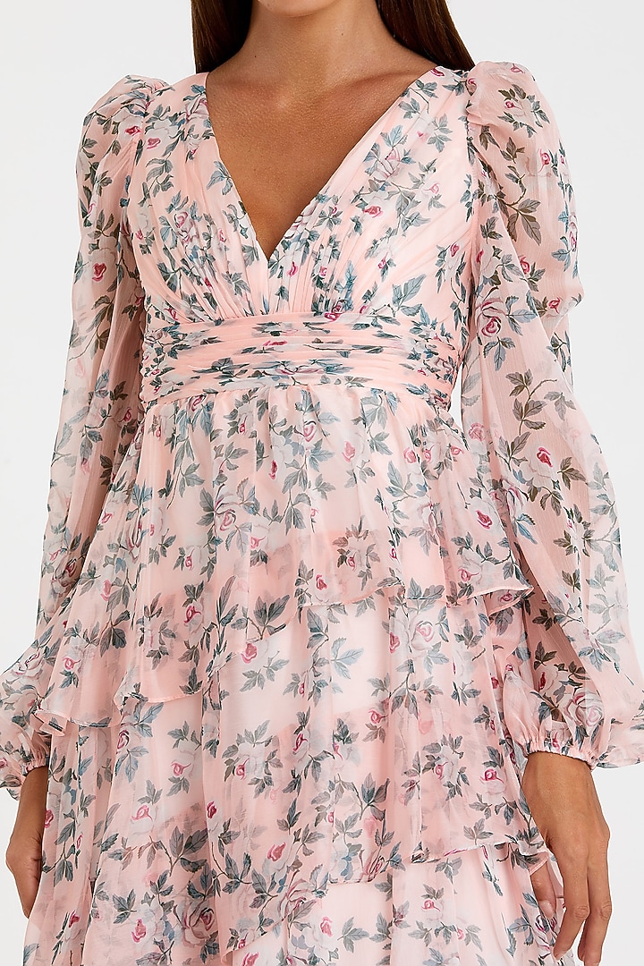 Blush Pink Chiffon Floral Printed Midi Cocktail Dress by Mac Duggal at Pernia's Pop Up Shop