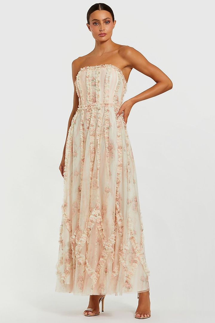 White & Pink Mesh Floral Printed Strapless Cocktail Dress by Mac Duggal at Pernia's Pop Up Shop