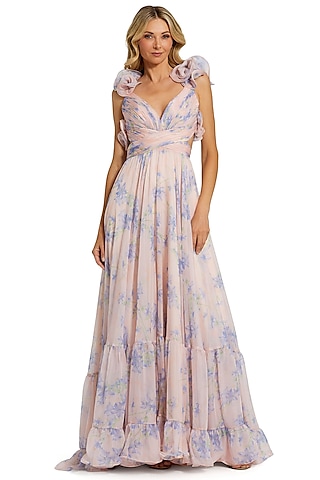 Purple Chiffon Floral Printed Dress by Mac Duggal