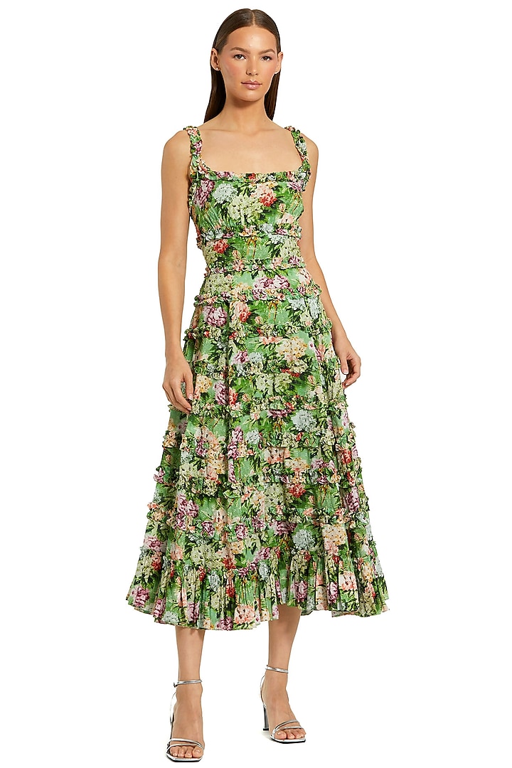 Green Cotton Floral Printed Midi Cocktail Dress by Mac Duggal at Pernia's Pop Up Shop
