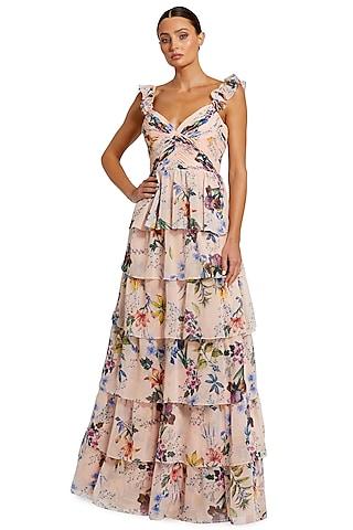 Pink Chiffon Floral Printed Ruffled Gown by Mac Duggal