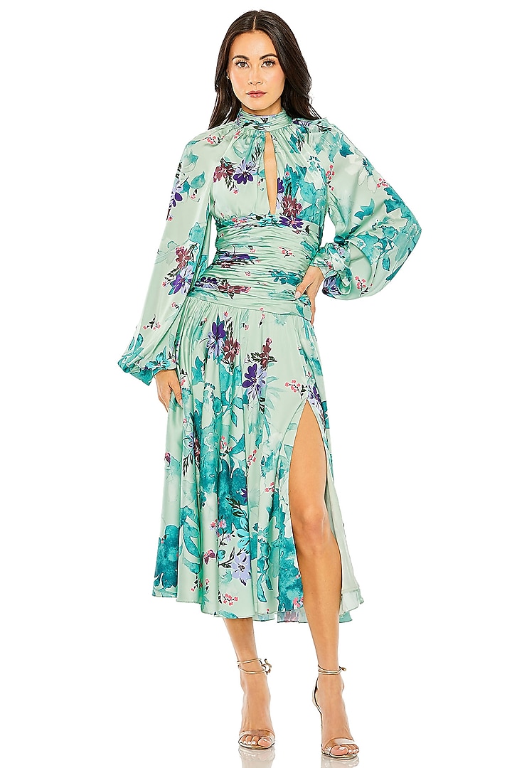 Sage Green Satin Floral Printed Midi Cocktail Dress by Mac Duggal at Pernia's Pop Up Shop