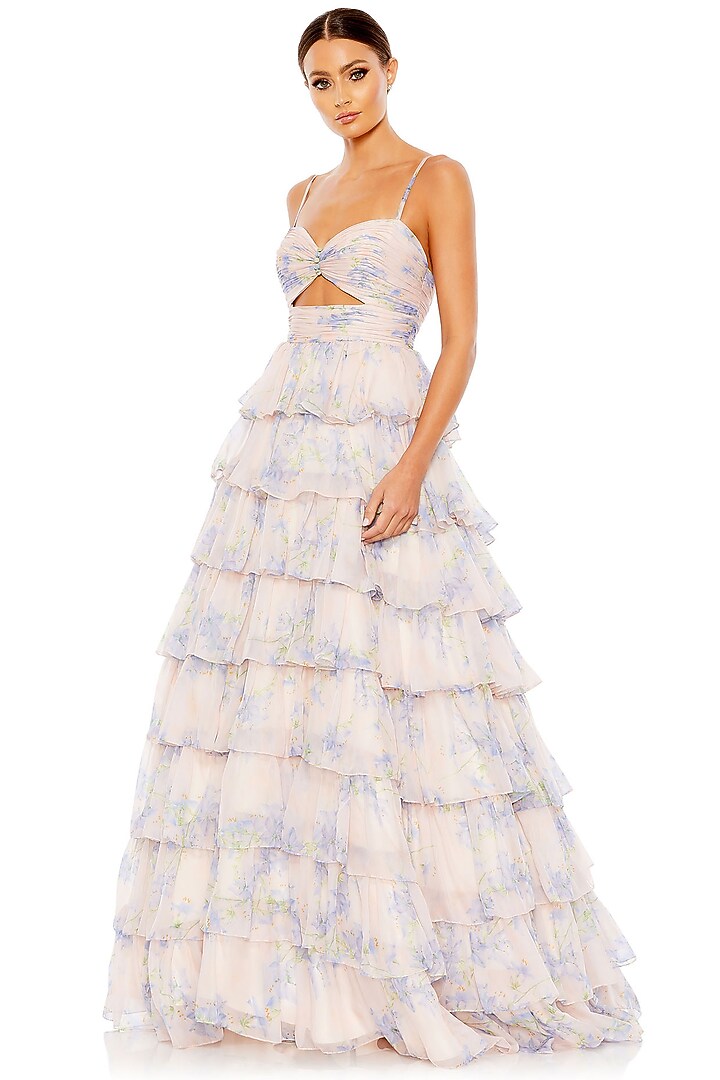 Purple Chiffon Floral Printed Tiered Engagement Gown by Mac Duggal at Pernia's Pop Up Shop