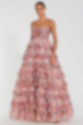 Pink Chiffon Floral Printed Tiered Ruffled Engagement Gown by Mac Duggal at Pernia's Pop Up Shop