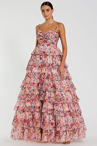 Pink Chiffon Floral Printed Tiered Ruffled Gown by Mac Duggal
