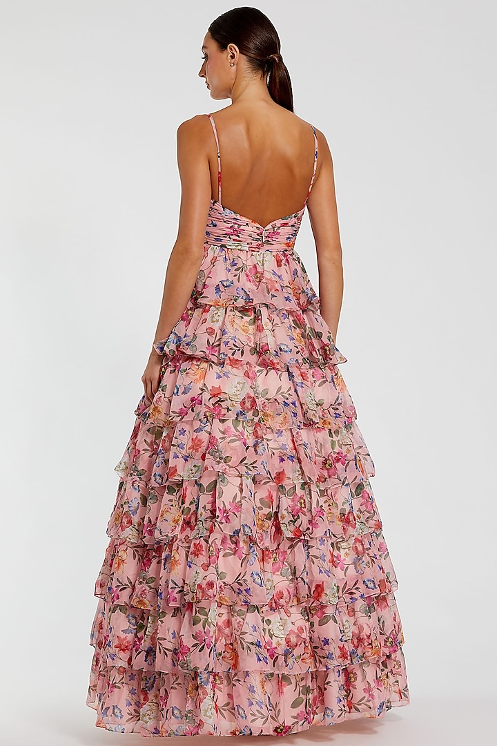 Pink Chiffon Floral Printed Tiered Ruffled Engagement Gown by Mac Duggal at Pernia's Pop Up Shop