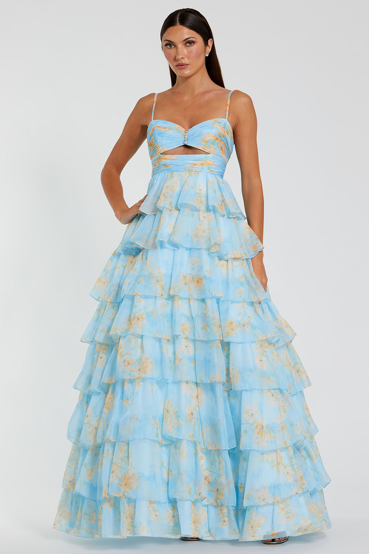 white christmas dresses Blue Floral Chiffon One Shoulder Gown main image 0