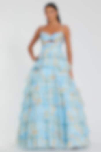 Blue Chiffon Floral Printed Tiered Ruffled Engagement Gown by Mac Duggal at Pernia's Pop Up Shop