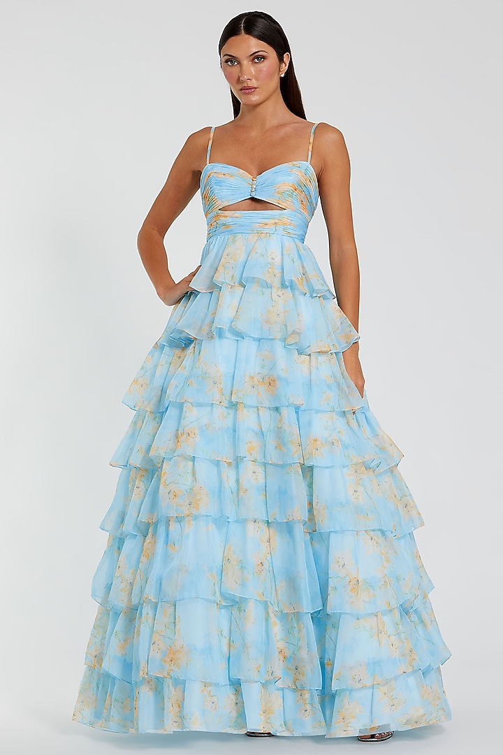 Blue Chiffon Floral Printed Tiered Ruffled Engagement Gown by Mac Duggal at Pernia's Pop Up Shop