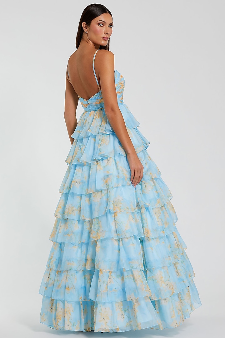Blue Chiffon Floral Printed Tiered Ruffled Engagement Gown by Mac Duggal at Pernia's Pop Up Shop