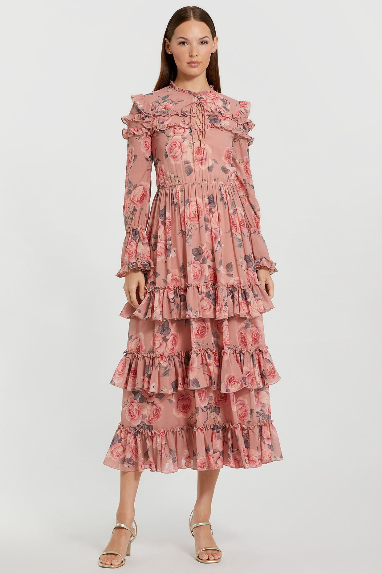 white christmas dresses Dusty Pink Chiffon Tiered Midi Dress – heywildrose
