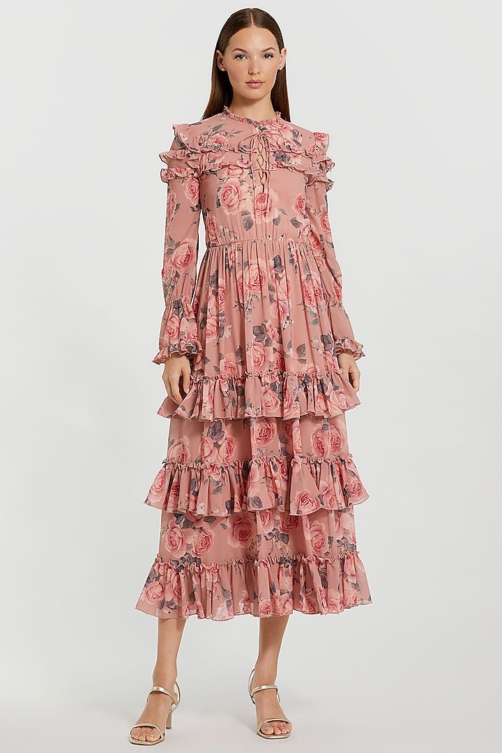 Rose Pink Chiffon Floral Printed Ruffled Midi Cocktail Dress by Mac Duggal at Pernia's Pop Up Shop