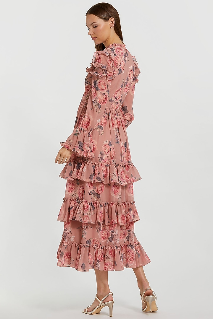 Rose Pink Chiffon Floral Printed Ruffled Midi Cocktail Dress by Mac Duggal at Pernia's Pop Up Shop