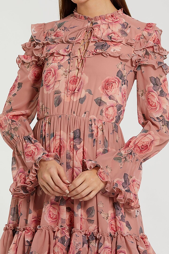Rose Pink Chiffon Floral Printed Ruffled Midi Cocktail Dress by Mac Duggal at Pernia's Pop Up Shop