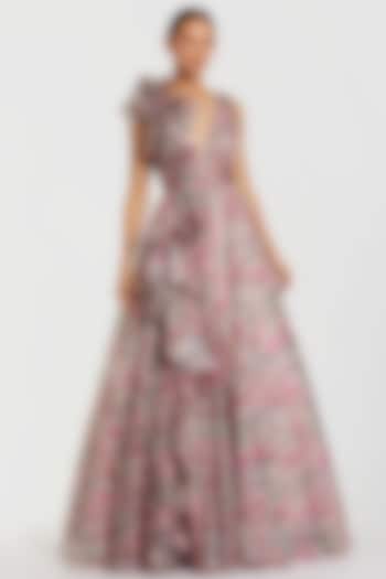 Pink Chiffon Floral Printed Ruffled Engagement Gown by Mac Duggal at Pernia's Pop Up Shop