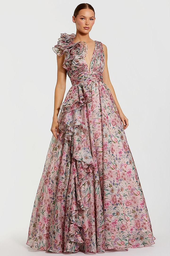 Pink Chiffon Floral Printed Ruffled Engagement Gown by Mac Duggal at Pernia's Pop Up Shop