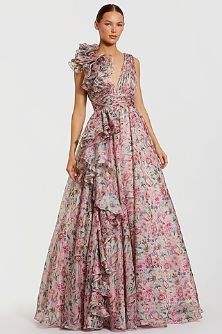 Pink Chiffon Floral Printed Ruffled Gown by Mac Duggal