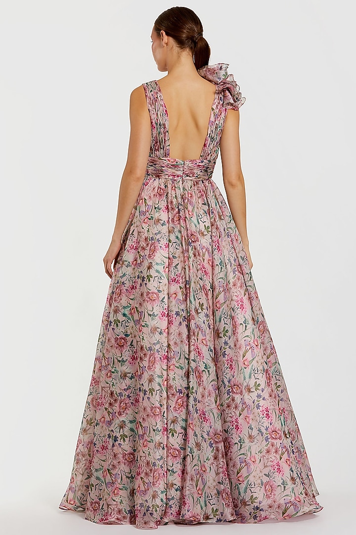 Pink Chiffon Floral Printed Ruffled Engagement Gown by Mac Duggal at Pernia's Pop Up Shop