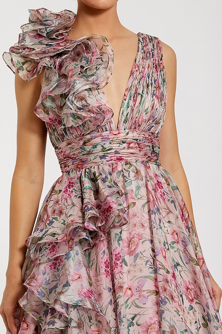 Pink Chiffon Floral Printed Ruffled Engagement Gown by Mac Duggal at Pernia's Pop Up Shop