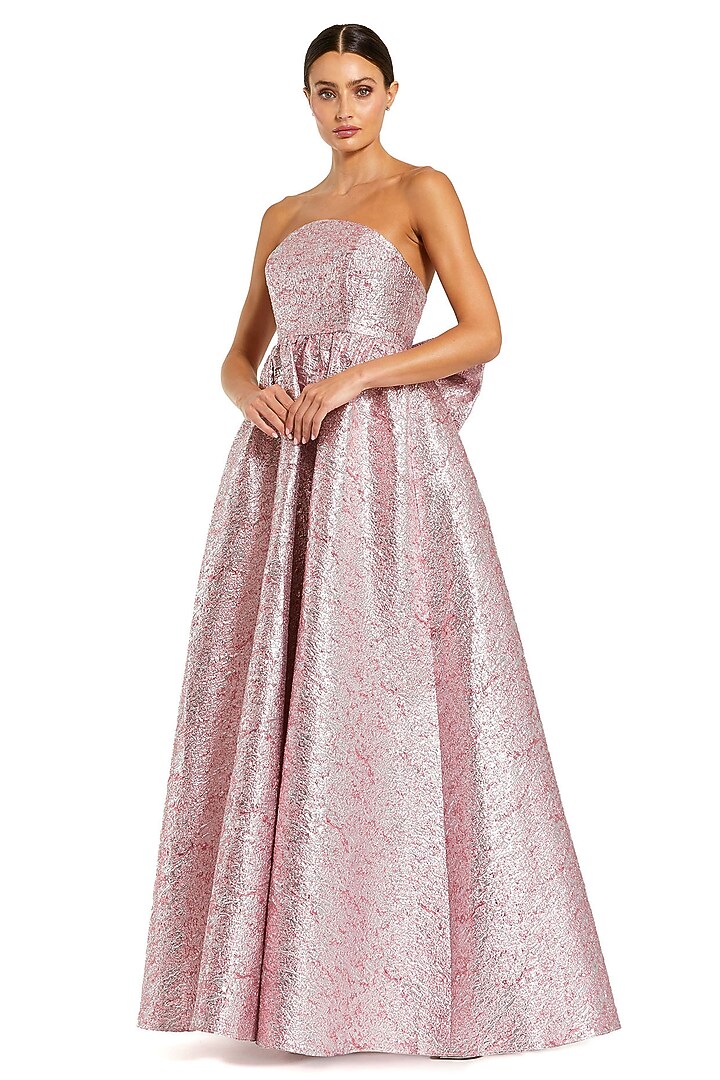 Raspberry Pink Metallic Brocade Fabric Strapless Engagement Gown by Mac Duggal at Pernia's Pop Up Shop