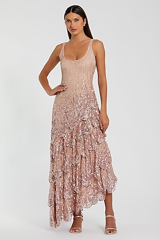Antique Rose Pink Mesh Fabric Embellished Midi Dress by Mac Duggal